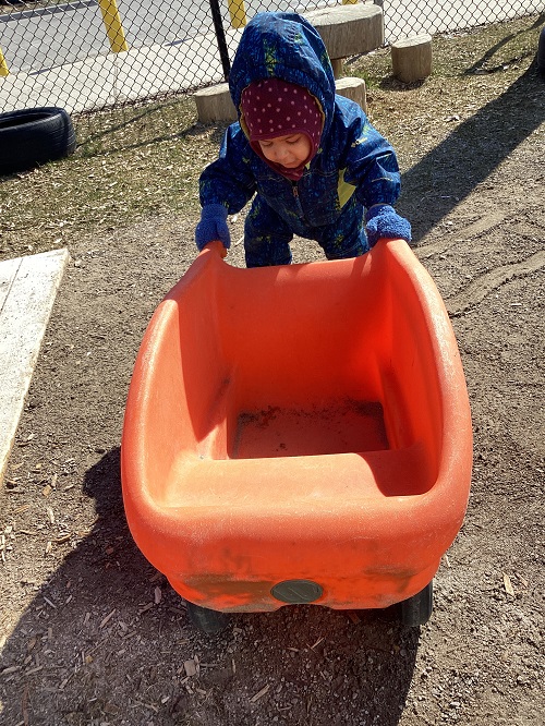 An infant child lifting up a wheelbarrow