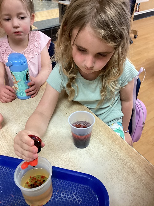child putting drops of food colouring into a cup of oil