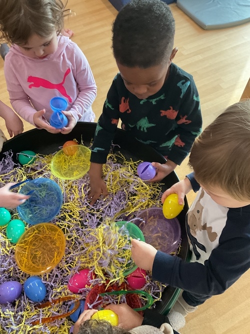 This month, the Toddlers at RisingOaks Early Learning | St. Patrick enjoyed a variety of Easter-themed activities filled with creativity, exploration, and fun. They engaged in sensory play with colourful eggs and materials, building fine motor skills and curiosity while learning new words and colours. The children also explored painting by using eggs to create patterns and mix colours, encouraging creativity and self-expression. A special highlight was the surprise Easter egg hunt, where the children excitedly searched for and opened eggs, practicing counting and sharing their discoveries with friends. These experiences supported their development in a joyful and meaningful way while fostering collaboration and a sense of wonder.