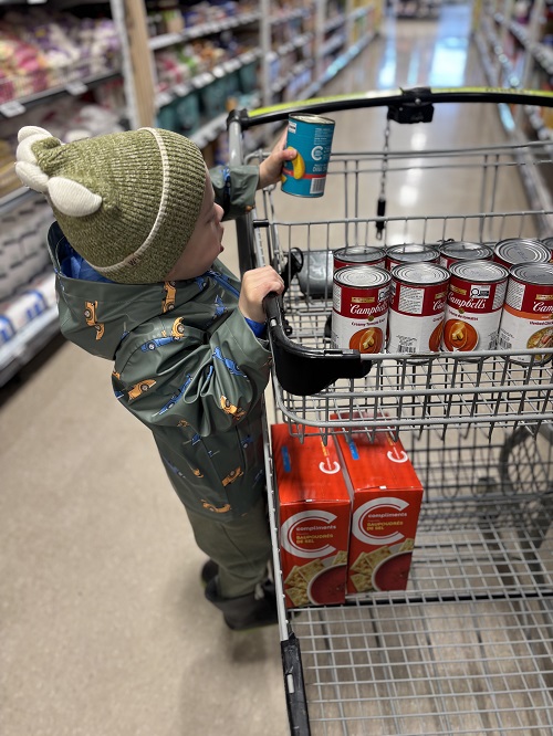 child placing a can into a grocery cart