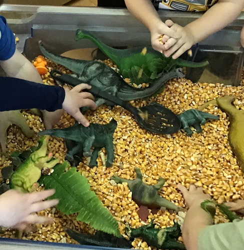 Hands and arms of the group of toddlers exploring with plastic dinosaurs in a bin of cattle corn